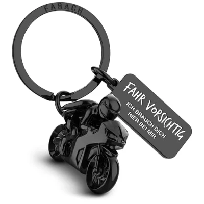 Abbildung von FABACH Motorrad Schlüsselanhänger mit Schutzengel und Gravur Fahr vorsichtig Geschenk Engel für Motorradfahrer Geschenke Glücksbringer Motorradführerschein