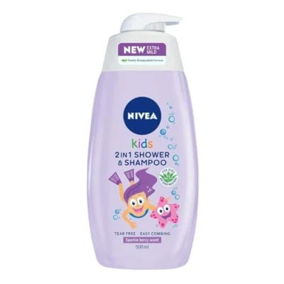 Abbildung von Nivea Kids Hair &amp; Body Shampoo 500ml Sparkle Berry 3 in 1 for Children No tear Formula Easy Brushing Organic Aloe Vera Skin Neutral Ph Chamomile Soap free (Pack of 2)