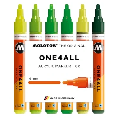 Abbildung von Molotow One4All 227HS Acryl Marker Green Set (4,0 mm Strichstärke, hochdeckend und permanent, schnell trocknend, nachfüllbar, für fast alle Untergründe) 6 Stück sortiert