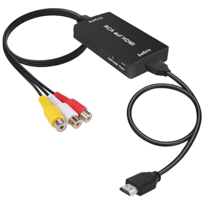 Abbildung von uhddadi RCA auf HDMI Konverter, 1080P Composite CVBS AV zu Video Audio Konverter Adapter mit Kabel für PS2/Xbox/SNES/ N64/ VHS/VCR Videorecorder DVD, Unterstützt PAL/NTSC（Schwarz）