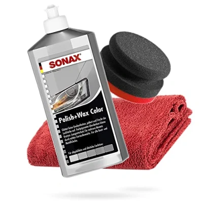 Abbildung von detailmate SONAX Hand Polier Bundle Polish+Wax Color Silber/grau 500ml Handpolierschwamm hart Ø90/50mm Edgeless Mikrofaser Poliertuch 550GSM rot