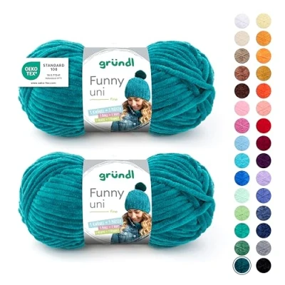 Abbildung von Gründl Wolle Funny uni, weiches Chneillegarn zum Stricken und Häkeln aus 100% Polyester, 2 Knäuel (100 g/ 120 m, Nadelstärke: 5 6), Petrol