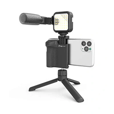 Abbildung von DigiPower Vlogging Set Follow me mit LED Videoleuchte + Mikrofon Kameragriff Handy Halterung Mini Stativ, kompatibel Smartphones, für TikTok, YouTube, Live Streaming und Meetings