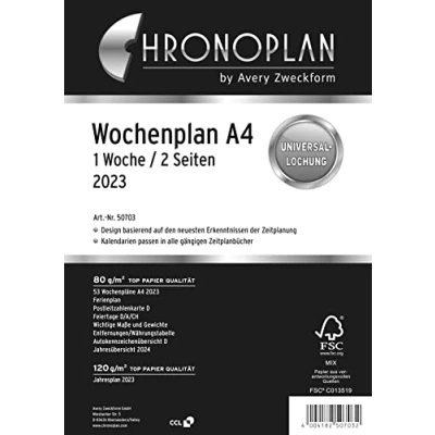 Abbildung von Chronoplan 50703 Kalendereinlage 2023, Wochenplan im A4 Format (210x297 mm), Tage in Spalten, Ersatzkalendarium, ideal für detaillierte Wochenplanung, 4er Lochung (1 Woche auf 2 Seiten), weiß