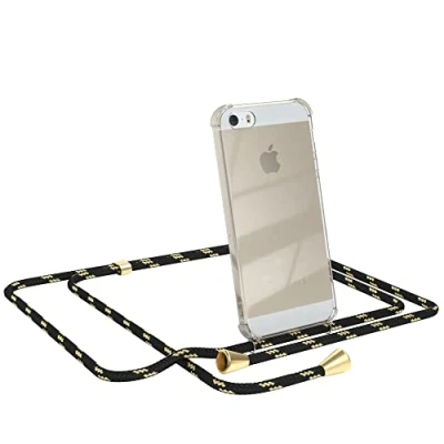 Abbildung von EAZY CASE Handykette kompatibel mit iPhone 5 / 5S SE (2016) Handyhülle Umhängeband, Handykordel Schutzhülle, Silikonhülle, Hülle Band, Stylische Kette Smartphone, Schwarz/Gold