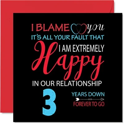 Abbildung von Stuff4 Lustige Leder Jubiläumskarte für Ehemann, Frau Your Fault I&#039;m Extremely Happy 3rd Wedding Anniversary Card for Partner, 145 mm x Grußkarten dritte Jahrestage