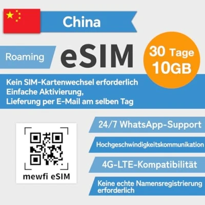 Abbildung von esim Karte, China SIM Karte 30 Tage 10 GB, Aktivierung erforderlich, für kompatible Geräte, 4G Hochgeschwindigkeitsnetz, Festland