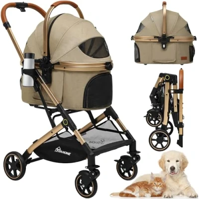Abbildung von YITAHOME Hundewagen für Kleine Hunde, 3 in 1 Hundebuggy Bis 15.9kg, Klappbar, Hunde Buggy, katzenwagen, Faltbar Hund Kinderwagen, Tragbarer Kinderwagen (Beige)