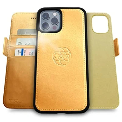 Abbildung von Dreem Fibonacci kompatibel mit iPhone 13 Pro Max Brieftaschen Etui / 2 in 1 stoßfestes und abnehmbares Folio aus veganem Leder, MagSafe kompatibel, RFID Schutz [Gold]