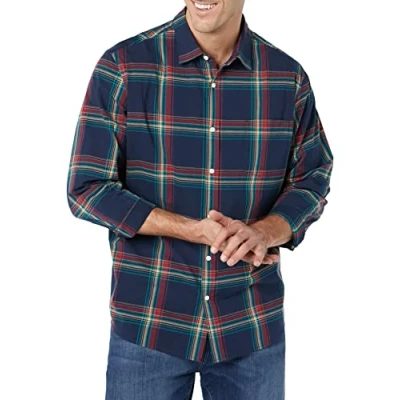 Abbildung von Amazon Essentials Herren Langärmeliges Hemd Aus Stretch Popeline Mit Normaler Passform, Marineblau Rot Grünblau Karomuster, S