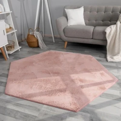 Abbildung von TT Home Wohnzimmer Teppich Hochflor Langflor Kunstfell Weich Modern Unifarben Flauschig, Farbe: Rosa Pink, Größe:150x170 cm Sechseckig