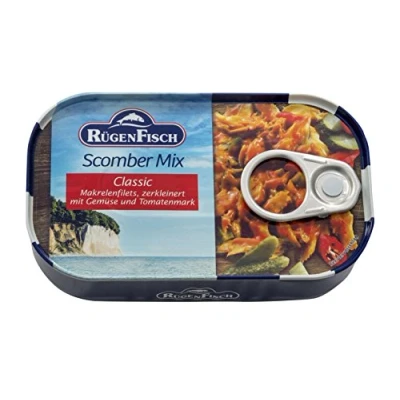 Abbildung von Rügen Fisch Scomber Mix, Makrelenfilets zerkleinert mit Gemüse und Tomatenmark, 120g