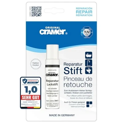 Abbildung von Cramer Reparatur Lackstift weiss alpin hochwertiger Sanitärlack für Keramik, Emaille &amp; Acryl. Ideal Badewannen, Waschbecken Fliesen schnelle und einfache Ausbesserungen im Bad