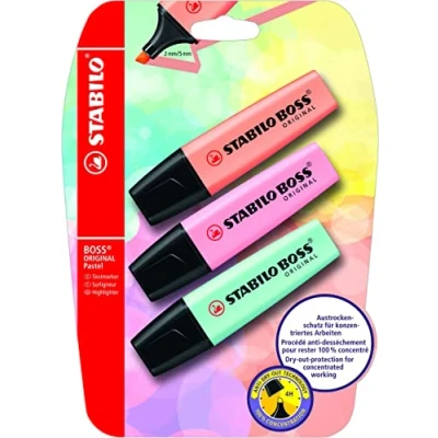 Abbildung von Textmarker STABILO BOSS ORIGINAL Pastel 3er Pack cremige Pfirsichfarbe, zartes Türkis, rosiges Rouge