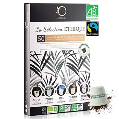 Abbildung von Nespresso Kapseln Kompatibel BIO FAIRTRADE Arabica Kaffee in Biologisch abbaubar Premium Probierset mit 50 Kaffeekapseln Traditionelle Röstung
