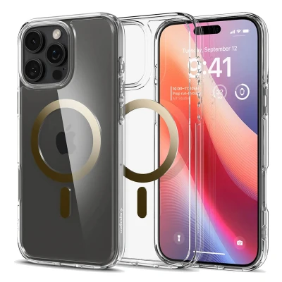 Abbildung von Spigen für iPhone 16 Pro Hülle [Anti Yellowing] Ultra Hybrid MagFit Case Handyhülle Transparent Dünn Slim Kompatibel mit MagSafe Gold