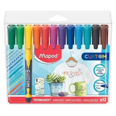 Abbildung von Maped Permanent Marker/Kreativ Marker CUSTOM mit feiner Spitze für verschiedene Oberflächen: Holz, Metall, Glas, Porzellan, Karton, Textilien x12 Farben im Set, 734547