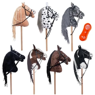 Abbildung von RL24 HKM Hobby Horse Stern inkl MagicBrush Steckenpferd mit Trense Spielpferd aus Plüsch Holzstock &amp; Langer Mähne Stockpferd ohne Griffe Rollen Dunkelbraun