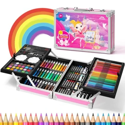 Abbildung von 145 Stück Malset für Kinder, WEEKSUN Deluxe Malkoffer mit Aluminiumbox, Schloss Thema, Zeichenset Ölpastellkreiden, Buntstiften, Markern, Aquarellkuchen usw, Kinder Anfänger
