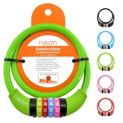 Abbildung von nean Fahrradschloss mit Zahlen für Kinder, diverse Farben, 10x650 mm, Kabel Schloss Code Kombination, Kinderschloss Fahrrad, Farbenfrohes Kinderfahrradschloss, Zahlenschloss Kind Mädchen, Jungen (rot)
