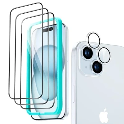 Abbildung von ESR iPhone 15 für Panzerglas, 3 Displayschutzfolien aus gehärtetem Glas und 1 Set einzelner Kamera Schutzfolien, 2,5D gebogene Kanten, vollständiger Militärnorm Schutz, kratzfest