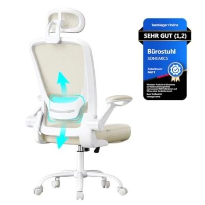 Abbildung von SONGMICS Bürostuhl ergonomisch, Schreibtischstuhl, Drehstuhl mit Mesh, gepolsterte Lendenstütze, Wippfunktion, 53 cm große Sitzfläche, klappbare Armlehnen, Kopfstütze, cappuccinobeige OBN047K01