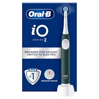 Abbildung von Oral B iO 2 elektrische Zahnbürste, Waldgrün, für Erwachsene, 3 Reinigungsmodi, sanft das Zahnfleisch, weiche Bürste, Zubehör, Ersatzbürste, Ladegerät