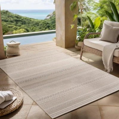Abbildung von Carpettex Outdoor Teppich wetterfest Beige 120x170 cm, UV beständig, ideal für Küche, Balkon, Terrasse, Garten auch Wohnzimmer und Esszimmer, Skandinavisches Boho Design, Pflegeleicht