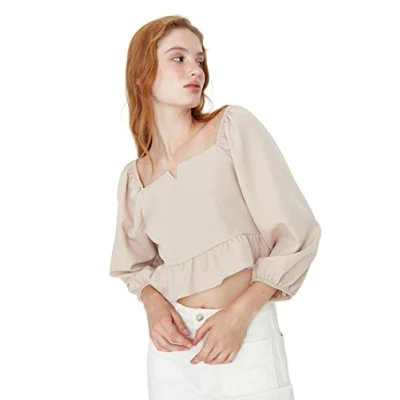 Abbildung von Trendyol Damen Woman Basic Regular Standard Square Collar Woven Blouse Hemd, Beige, 36