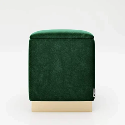 Abbildung von PLAYBOY Pouf mit Stauraum und Goldfuss, abnehmbaren Deckel, Samtstoff in Light Blue, Retro Design, Sitzhocker, Wäschetonne, Ottoman, Samtbezug Grün, Fuss aus Metall gold, 35 x 44 cm