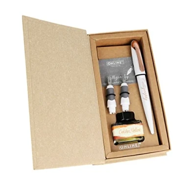 Abbildung von Online Kalligrafie Set Air White Rose, Calligraphy Füller mit Konverter, breite Kalligraphie Federn in verschiedenen Strichstärken, Tintenglas Gold, Schönschreibfüller, Geschenkbox, 10062