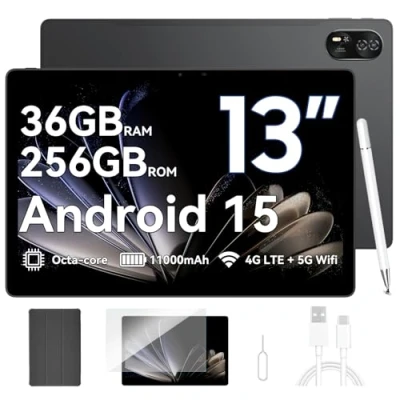 Abbildung von Blackview 13 Zoll Tablet MEGA8 Android 15 mit 36GB RAM+256GB ROM(2TB TF), 50MP+13MP Dual Camera, 4G LTE+5G WiFi 2K FHD Großes Display WideVine L1 Octa Core T620,11000 mAh Akku GPS/Face ID