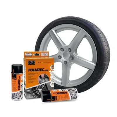 Abbildung von Foliatec Sprühfolie Auto Felgenfolie Sprüh Lack Set für 4 Felgen, Abziehbar, Gute Deckkraft, silber metallic matt, 2x 400ml