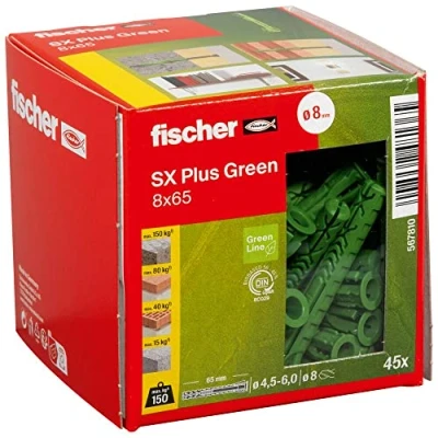 Abbildung von Fischer 567810, Spreizdübel, Autoklaven Porenbeton, Mauerziegel, Beton, Gipsblock, Mauerwerk, Grün, Deutschland, 8 mm, 65 mm