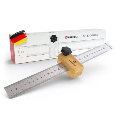 Abbildung von BAUHELD Messwinkel Streichmaß 300mm, (EG 1), Made in Germany Stahlmaßstab rostfreier Edelstahl Lineal 30 cm), Holzanschlag aus PEFC Buchenholz