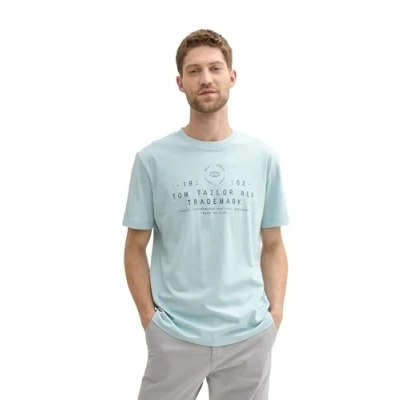 Abbildung von TOM TAILOR Herren 1043276 Basic T Shirt mit Logo Print, 30463 Dusty Mint Blue, XL