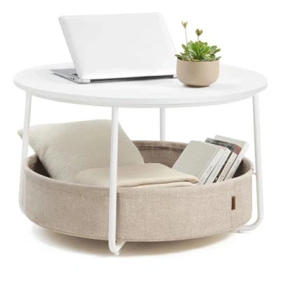 Abbildung von VASAGLE Couchtisch rund, Tisch mit Stauraum, Beistelltisch, Wohnzimmertisch Korb aus Stoff, modern, Metallrahmen, mattweiß Kamelbraun LCT244W10