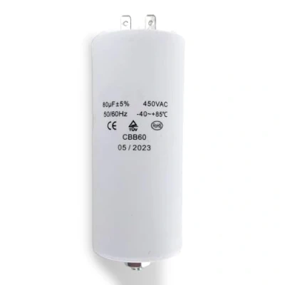 Abbildung von DEKAROX Universal Kondensator 80µF 450V Ø55x120mm mit 6.3mm AMP Steckfahnen Befestigungsschraube M8 CBB60 Motorstart und Laufkondensator für elektrische Haushaltsgeräte