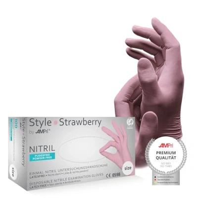 Abbildung von AMPri Nitrilhandschuhe, rosa, 100 Stück/Box, Größe XS, puderfrei, Style Strawberry by Med Comfort: Nitril Einmalhandschuhe, Einweghandschuhe in den Größen S, M, L, XL