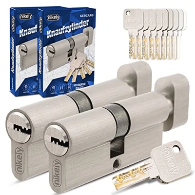 Abbildung von GERCAR Pro Gleichschließend 2 Knaufzylinder 35/35 Set 2x Schließzylinder mit Knauf inkl. 10 Schlüssel 70 mm Türschloss Zylinderschloss 2er Zylinder Länge: 70mm, A:35 B:35 Messing matt massiv