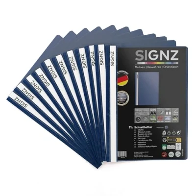 Abbildung von SIGNZ Schnellhefter DIN A4, stabil, 11 Stück, blau, transparenter Deckel, CO2 neutral hergestellt, aus recycelbarem Kunststoff (PP), FSC Mix 70%, made in Germany