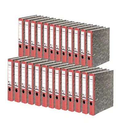 Abbildung von Original Falken 25er Pack Recycling Ordner Wolkenmarmor. Made in Germany. 5 cm schmal DIN A4 roter Rücken Ringordner Aktenordner Briefordner Büroordner Pappordner CO2 Neutral Blauer Engel