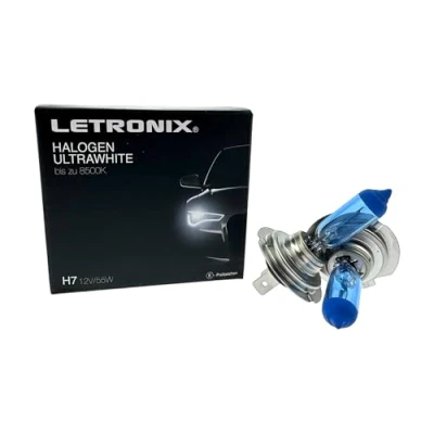 Abbildung von letronix Halogen Auto Lampen H7 12V 8500K Kalt Weiß Xenon Optik Gas Ultra White Look Birnen Lampe Abblendlicht Nebelscheinwerfer Fernlicht Kurvenlicht Zulassung E Prüfzeichen (LED Optik) (H7 55W)