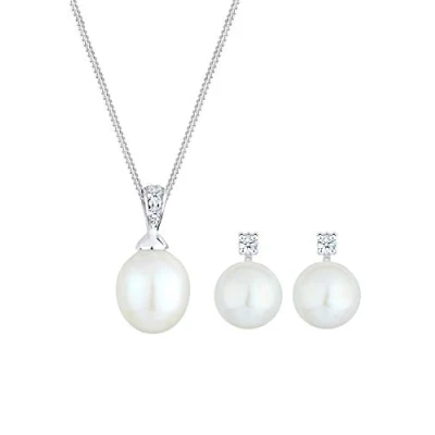 Abbildung von Elli DIAMONDS Schmuckset Damen Ohrstecker Süßwasserzuchtperle mit Diamant (0.10 ct.) in 925 Sterling Silber