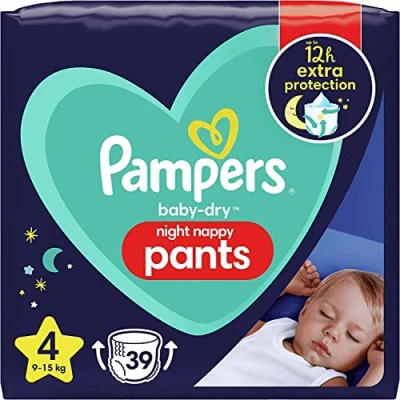 Abbildung von Pampers Baby Dry Nachtwindeln Größe 4, 39 Windelhose für 9kg 15kg, Bietet Zusätzlichen Schutz die Ganze Nacht Stück