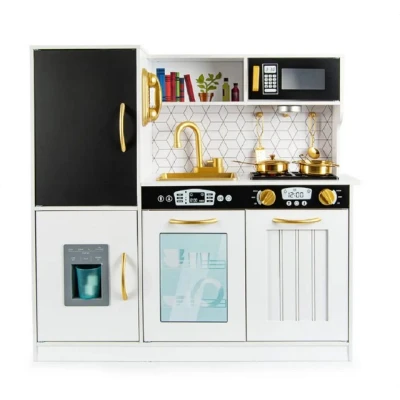 Abbildung von COIL Spielküche, Holzküche, Kinderspielküche, Küche mit Zubehör, Große Küche, Kühlschrank, Backofen, Mikrowelle, Küchenzubehör, Telefon, ab 3 Jahren (Gold)