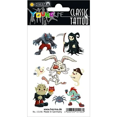 Abbildung von HERMA 15196 Temporäre Tattoos Zombie, 8 Stück, Klebetattoos zum Aufkleben, Fake Aufkleber mit Werwolf Monster Motiv, Kindertattoos Sticker für Geburtstag Fasching Karneval Kinder Erwachsene