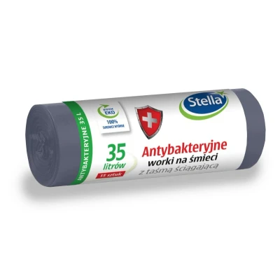 Abbildung von STELLA 038077 Müllbeutel mit Zugband Antibakteriellb 35 L 15 Stück Müllsack Mülltüte Abfallsäcke für Den Hausmüll Büro aus LDPE Folie Hergestellt/aus Regranulat Farbe: Grau