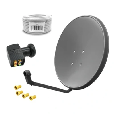 Abbildung von 60cm HD Sat Anlage Quad LNB + 10m Koaxialkabel 135dB 4 F Stecker Digital Teilnehmer Antenne Grau UHD 4K