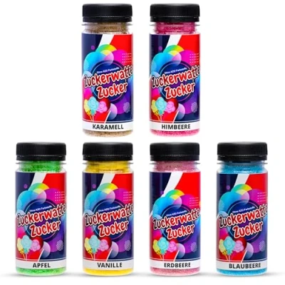 Abbildung von Zuckerwatte Zucker Set 6 Sorten je 100g für Maschine AZO Frei Aromazucker Farbzucker Backen Dekorieren